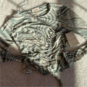 Meraki Green Ruched Tie Front Long Sleeve Blouse